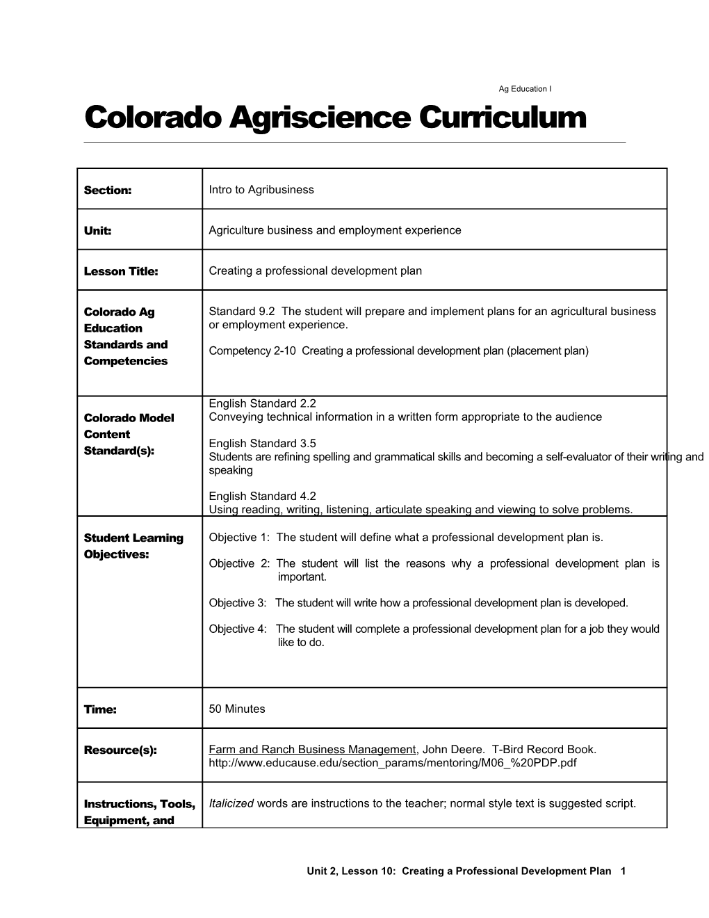 Placement/Agri-Science Experience Plan