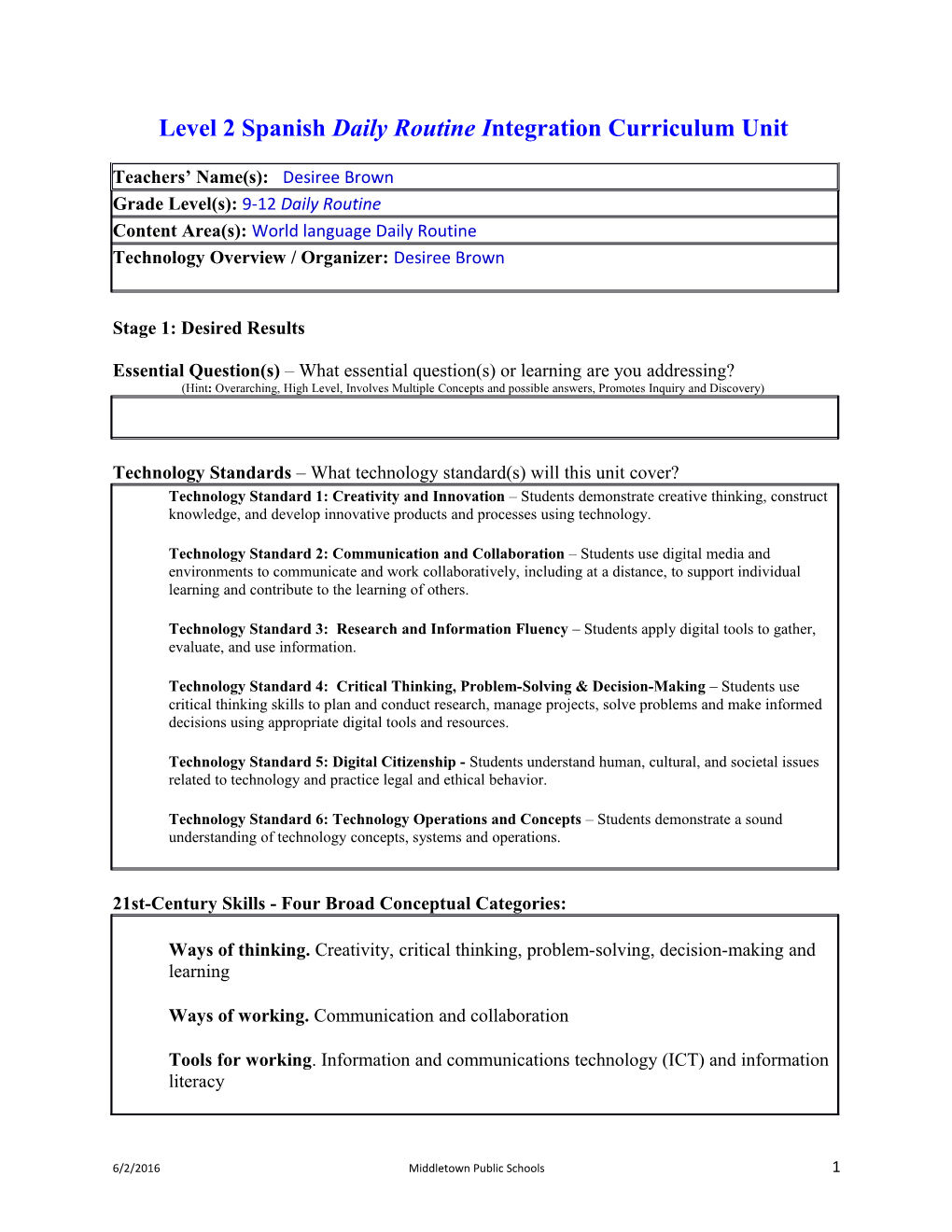 Level 2 Spanish Daily Routineintegration Curriculum Unit