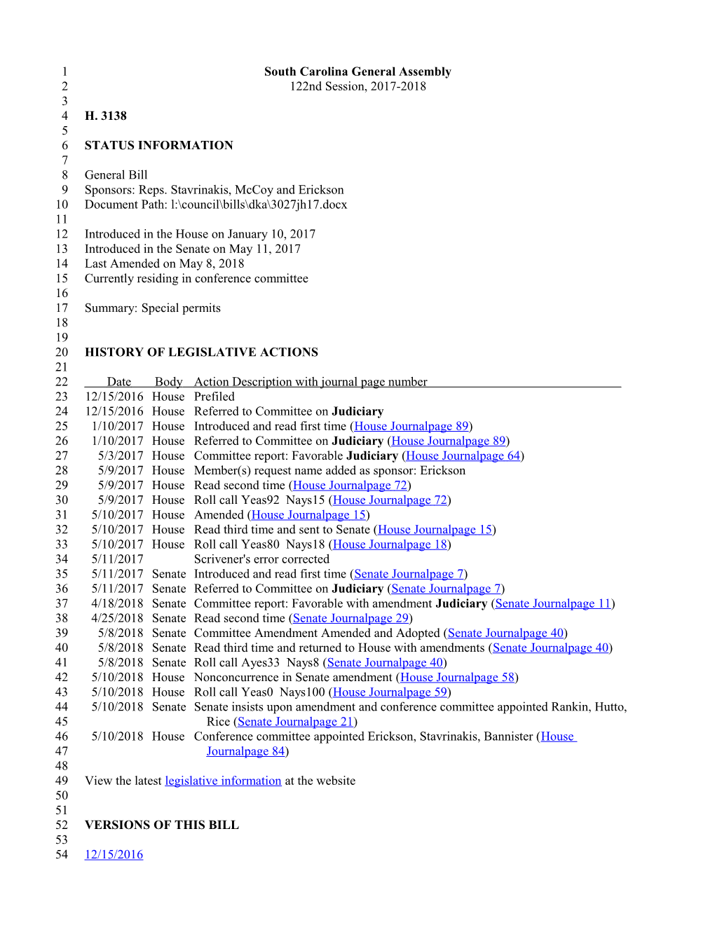 2017-2018 Bill 3138: Special Permits - South Carolina Legislature Online