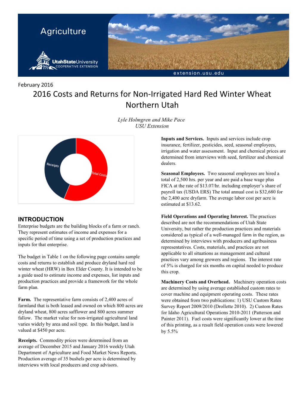 2016 Costs and Returns for Non-Irrigated Hard Red Winter Wheat Northern Utah Lyle Holmgren