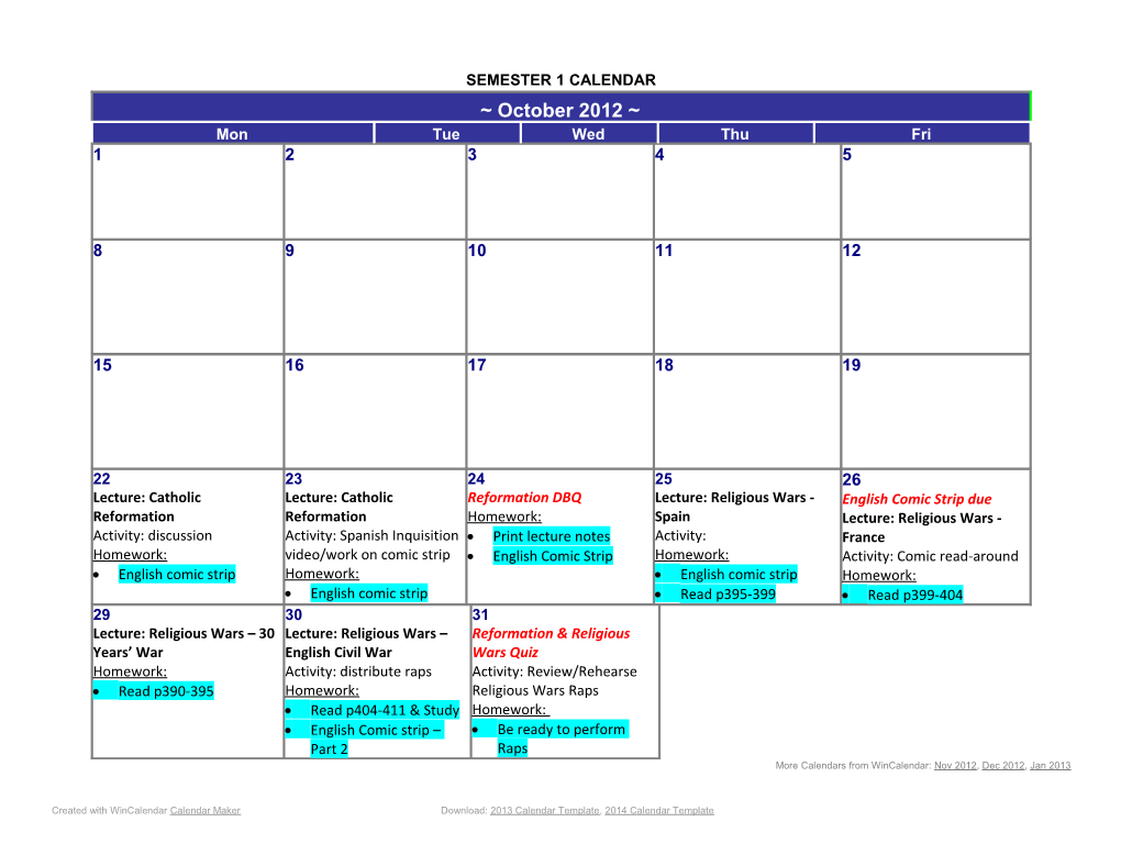 Semester 1 Calendar