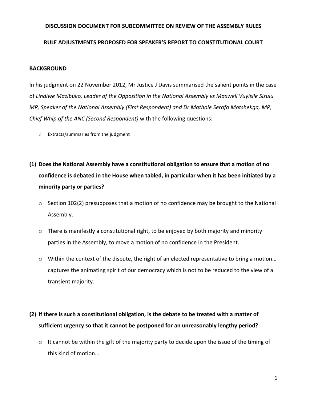 Discussion Document for Subcommittee on Review of the Assembly Rules