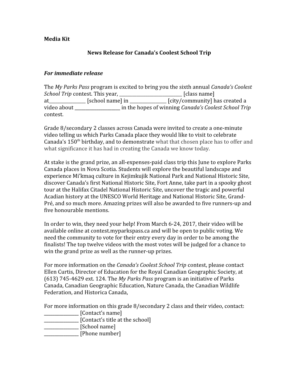 News Release for Canada S Coolest School Trip