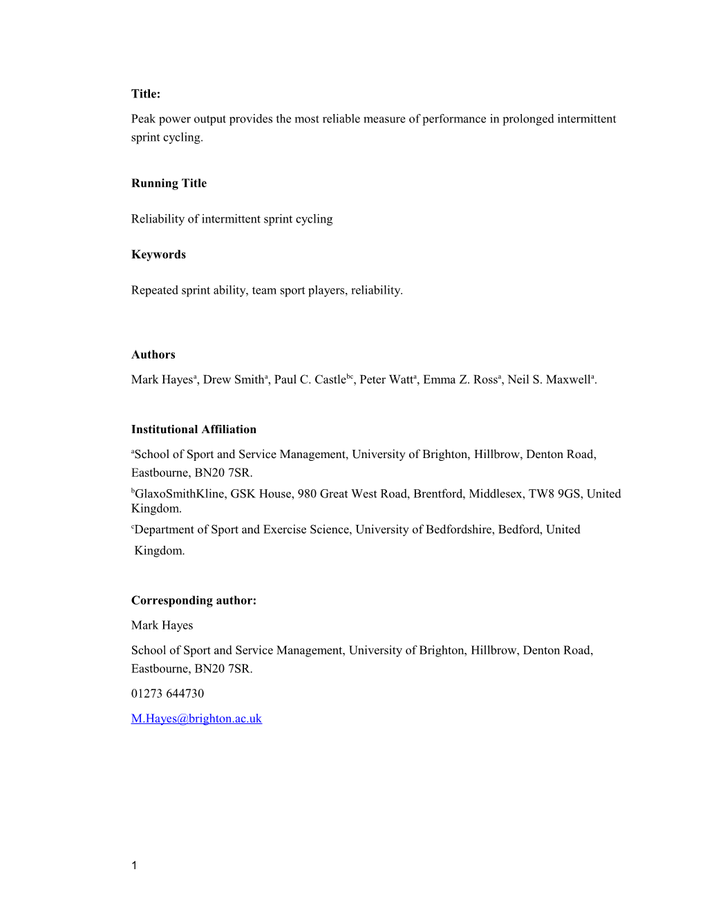 Reliability of Intermittent Sprint Cycling