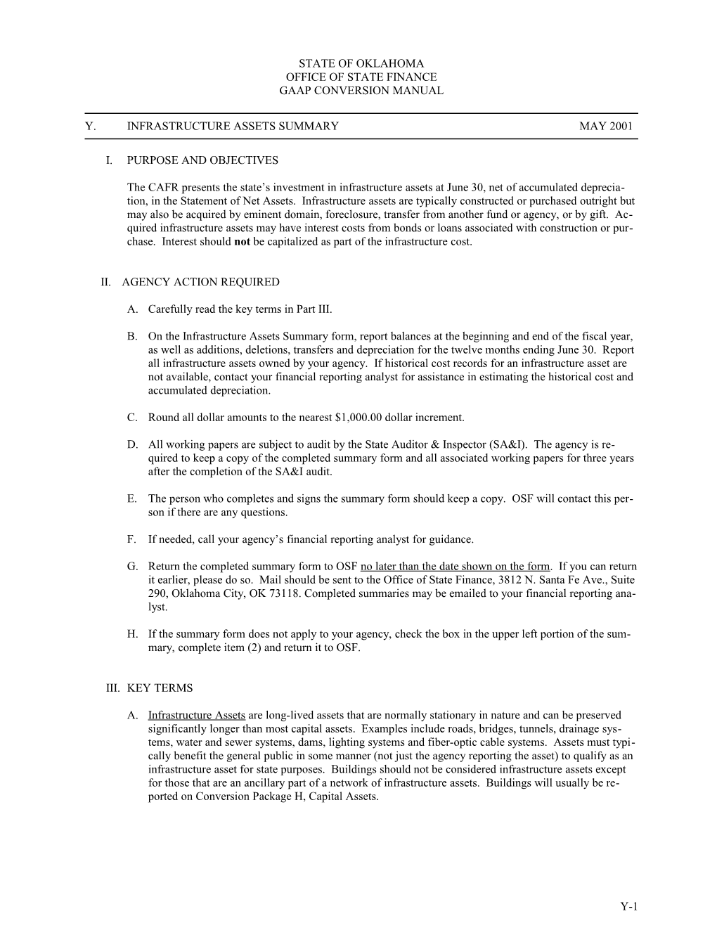 OSF Form Y-1: Infrastructure Assets Summary