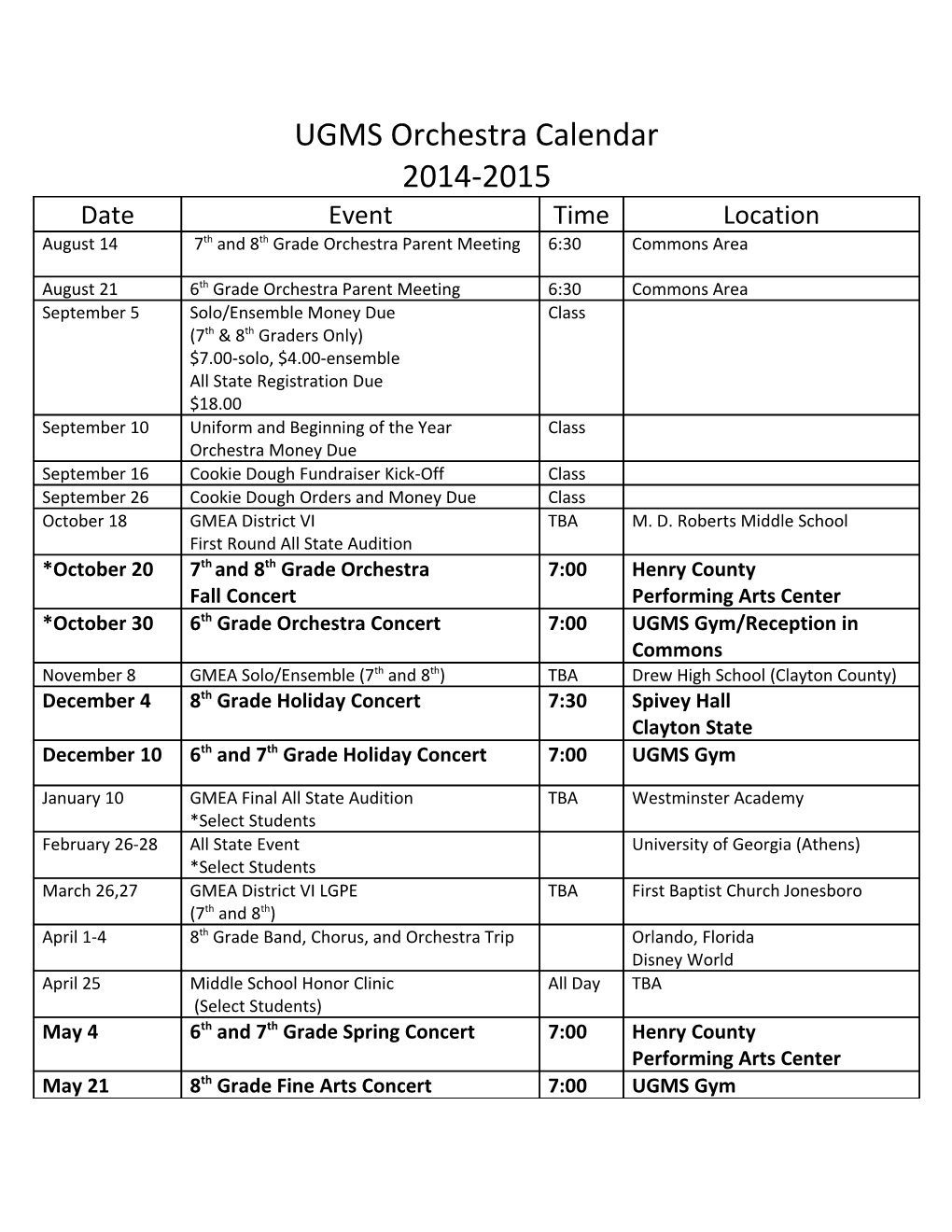 UGMS Orchestra Calendar