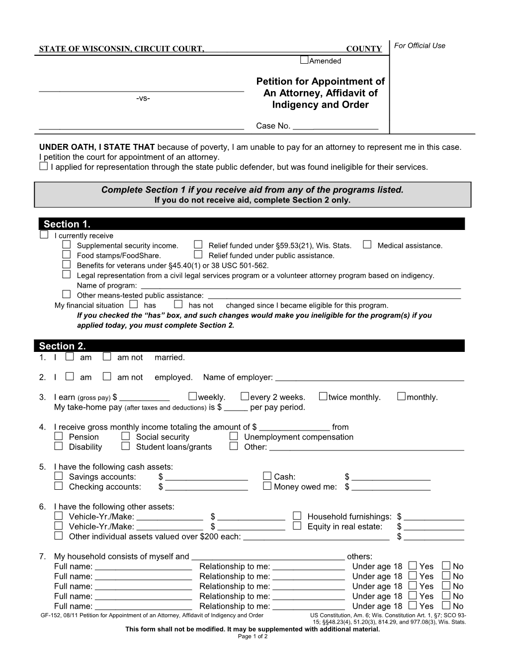 GF-152: Petition for Appointment of an Attorney, Affidavit of Indigency and Order