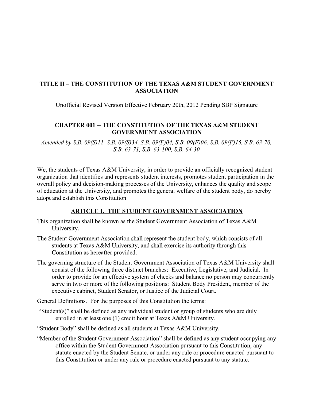 Chapter 001 the Constitution of the Texas A&M Student Government Association