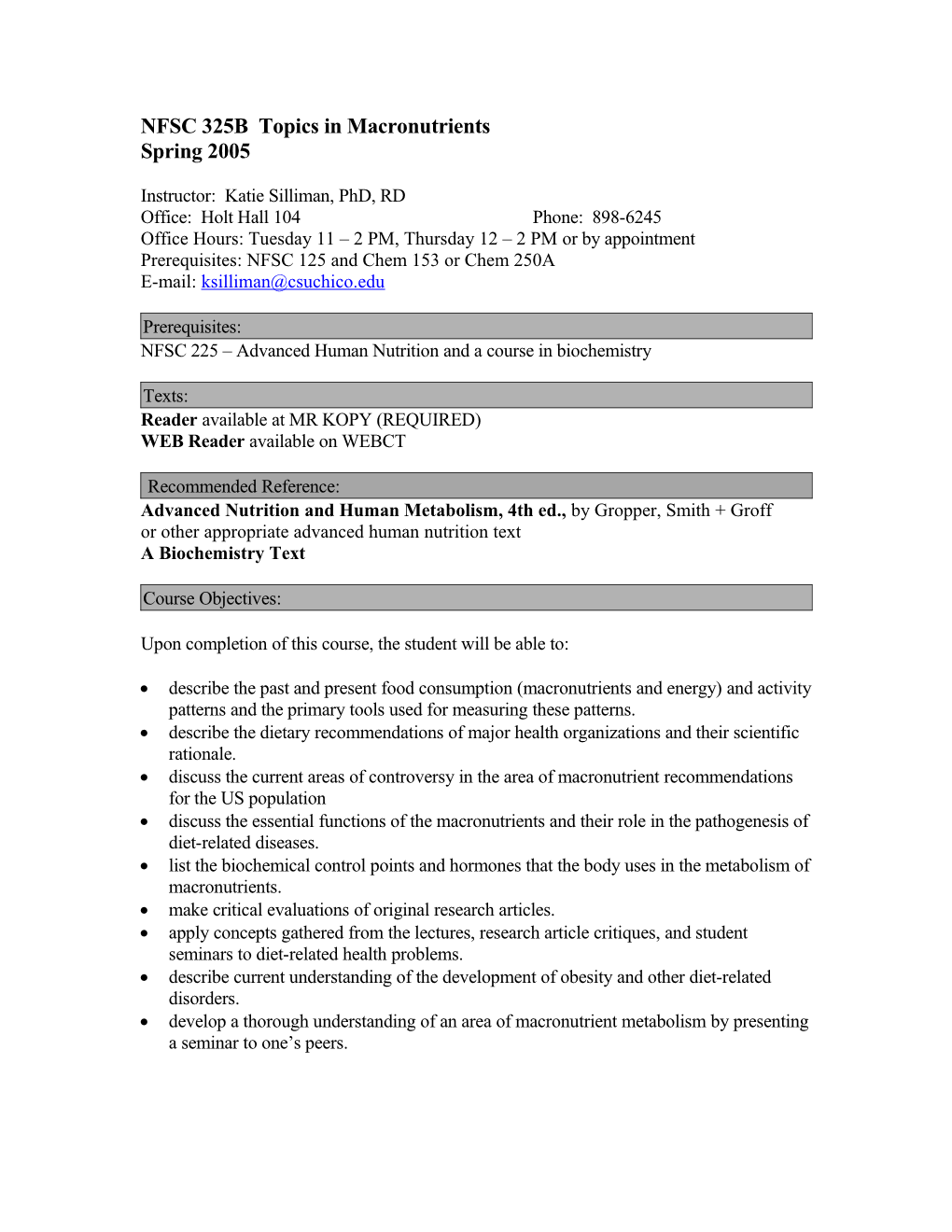 NFSC 325C Topics in Macronutrients