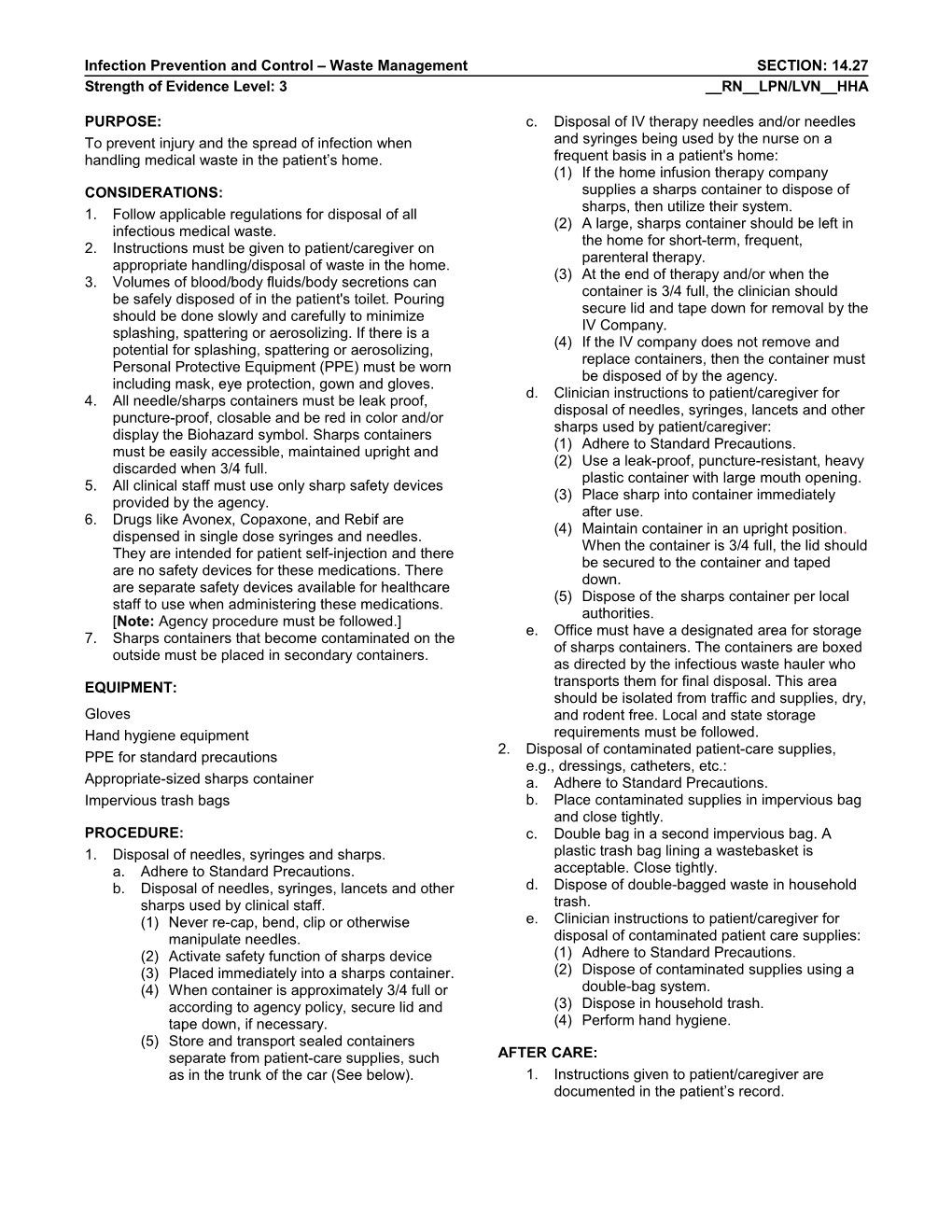 Infection Prevention and Control Waste Management SECTION: 14.27