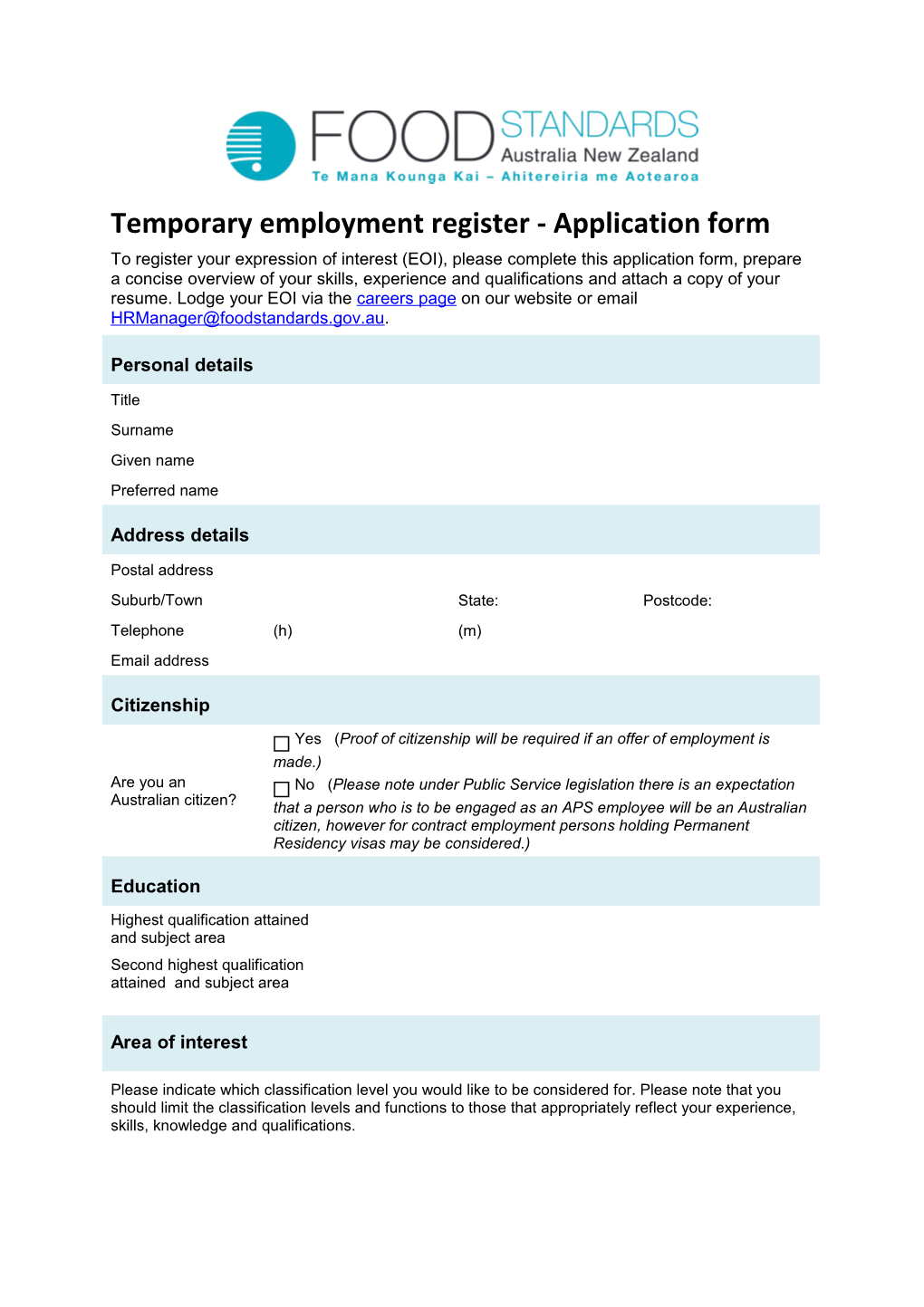 Temporary Employment Register - Application Form