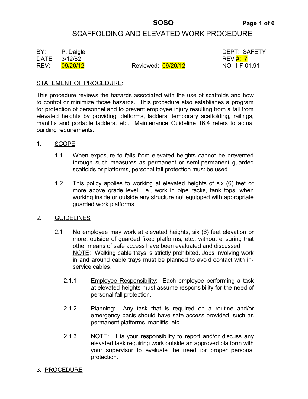 Scaffolding and Elevated Work Procedure