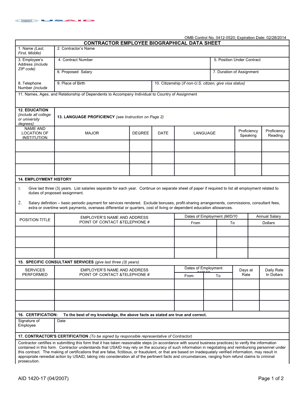 Contractor Employee Biographical Data Sheet s1