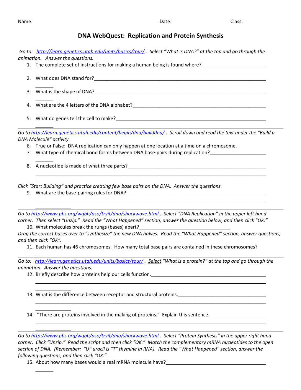 DNA Webquest: Replication and Protein Synthesis