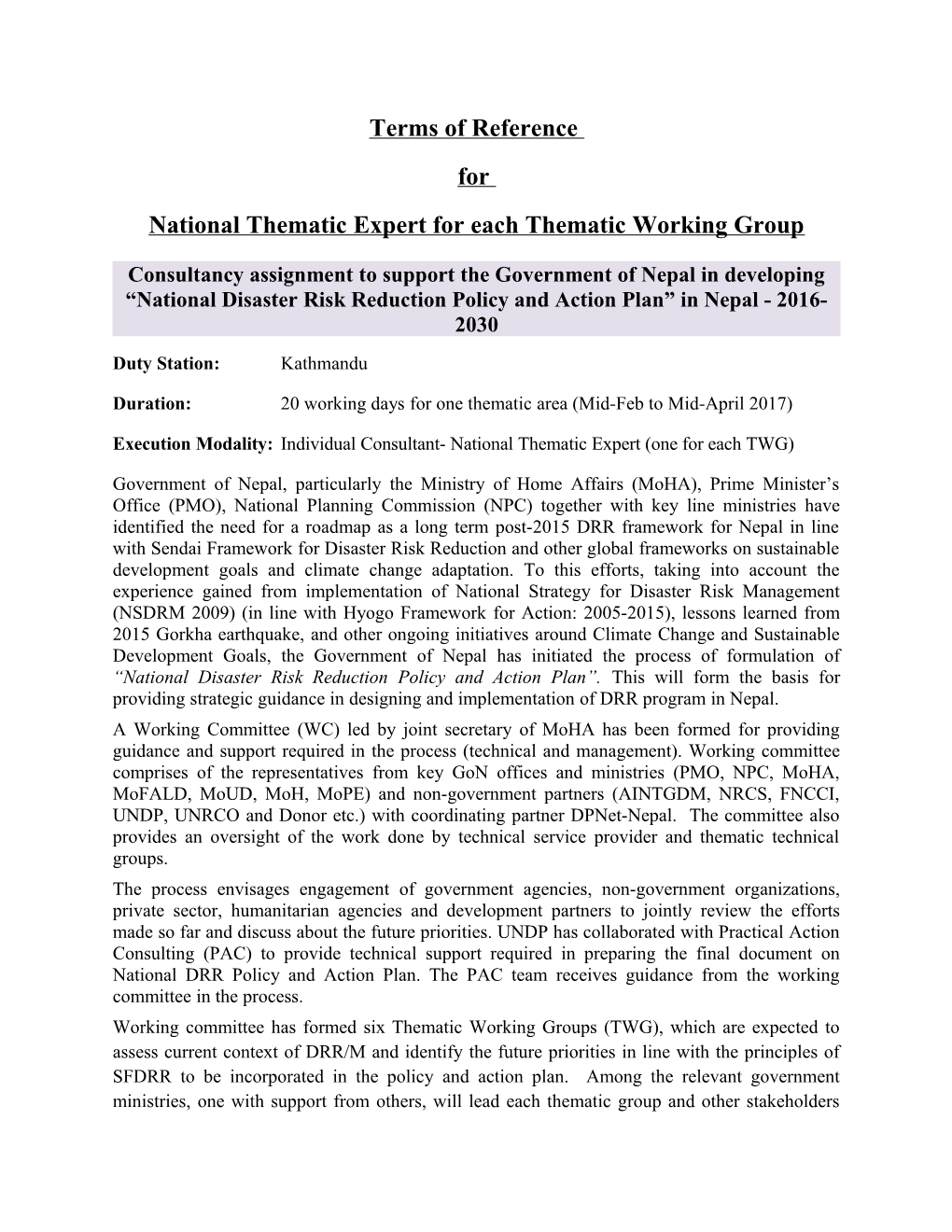 National Thematic Expert for Each Thematic Working Group