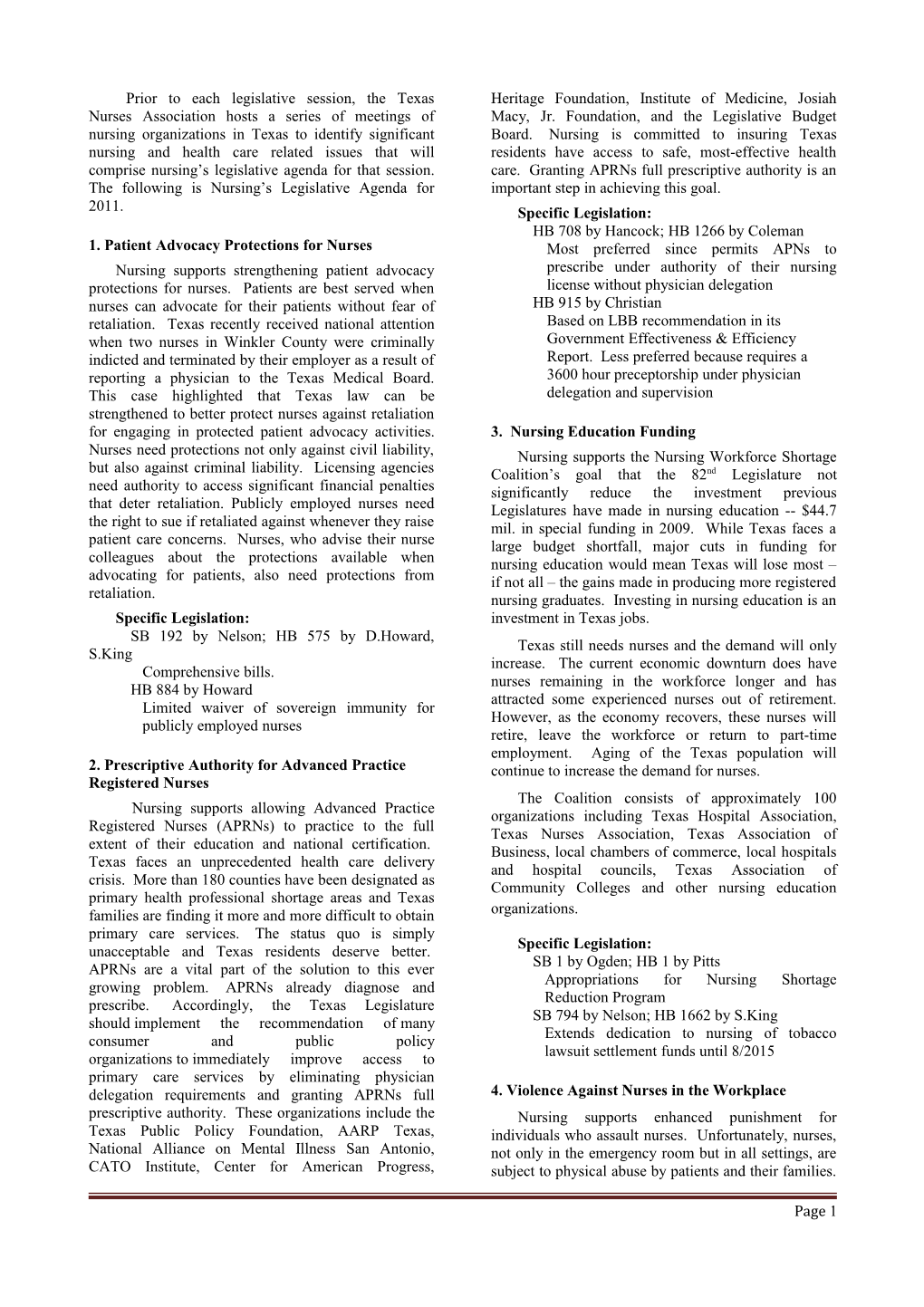 2011 Nursing Legislative Agenda