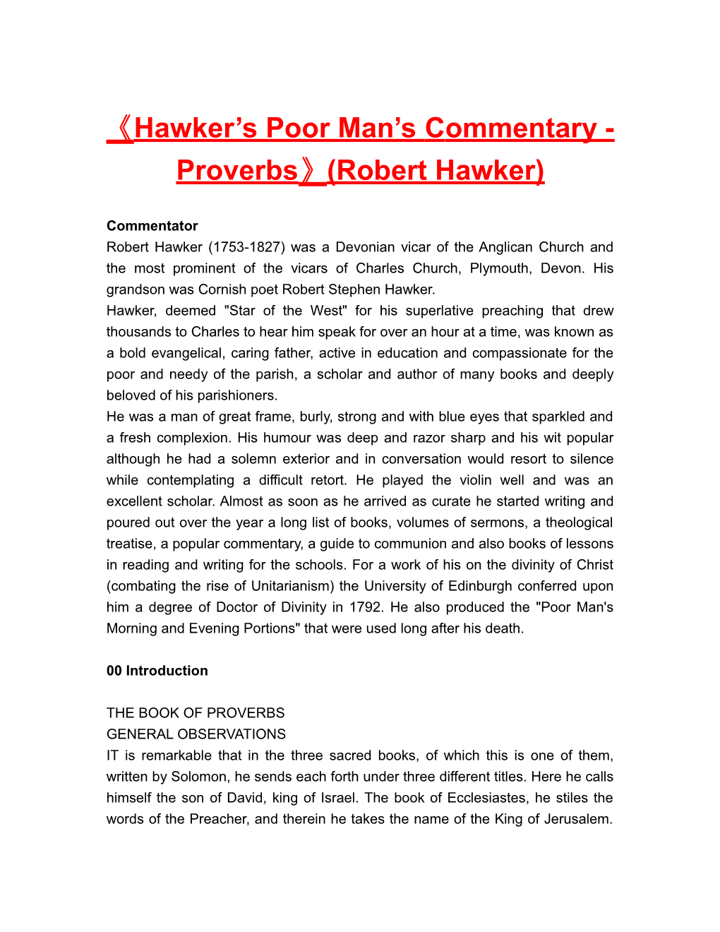 Hawker S Poor Man S Commentary - Proverbs (Robert Hawker)