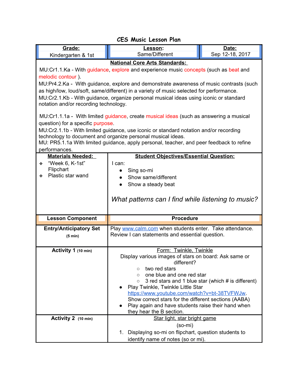 CES Music Lesson Plan