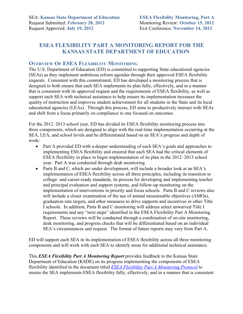 Kansas ESEA Flexibility Monitoring Report Part A