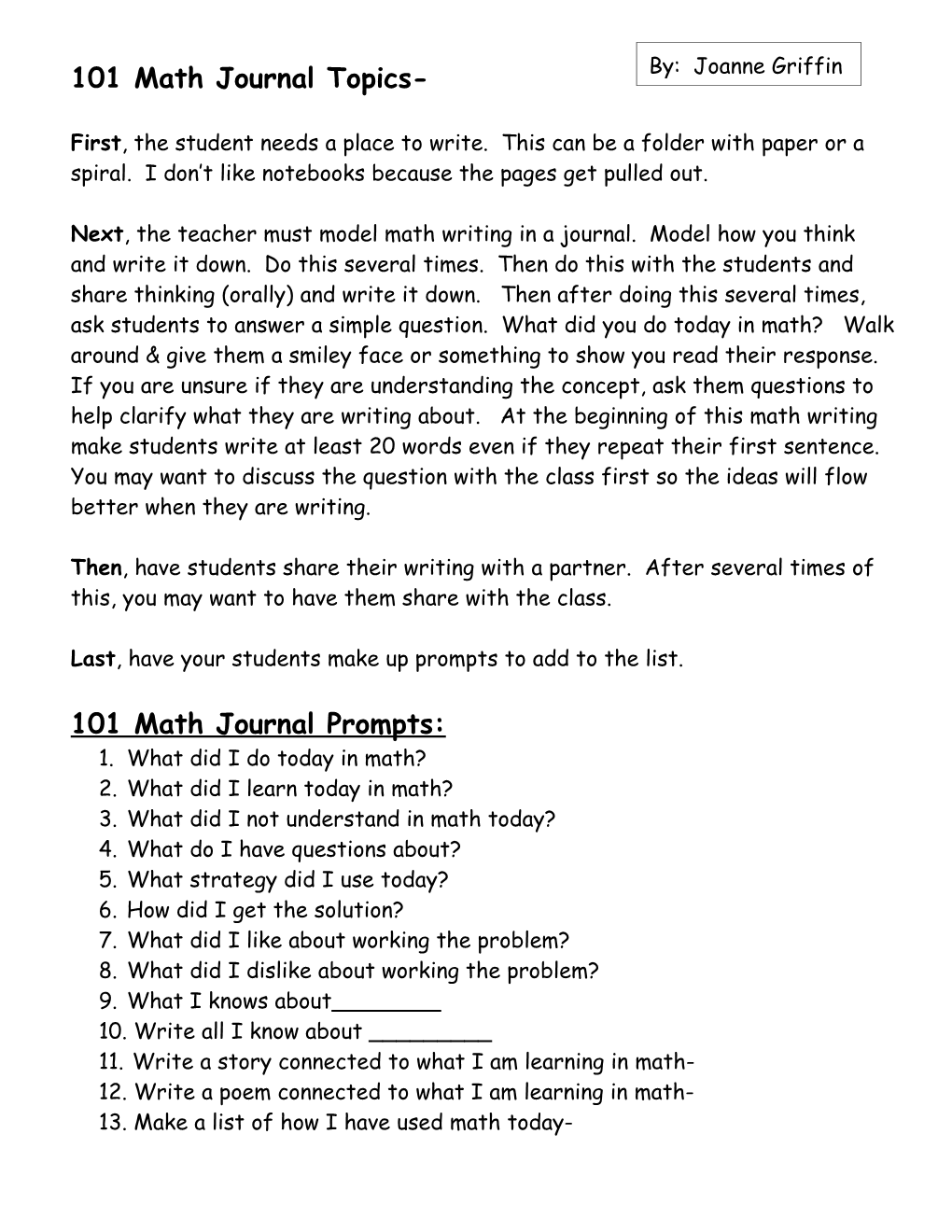 Math Journal Topics