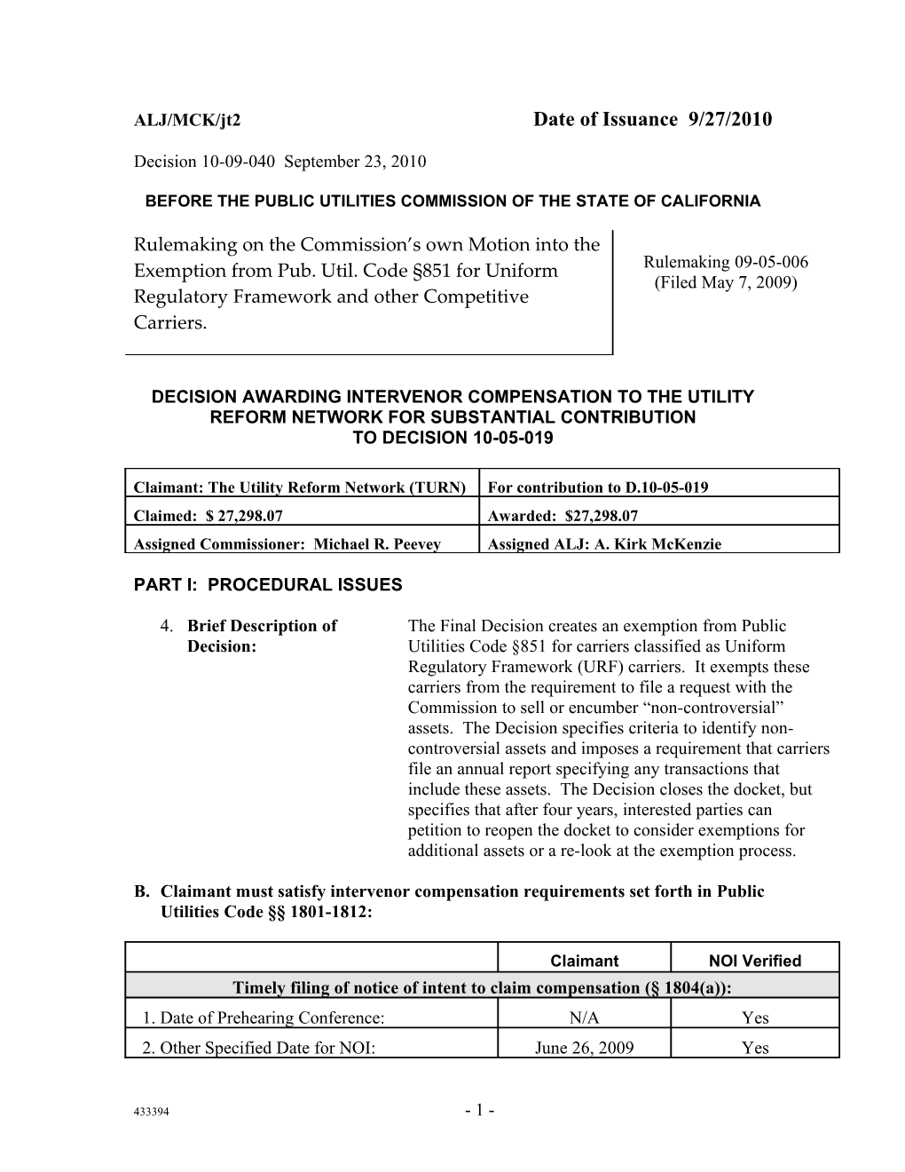 ALJ/MCK/Jt2 Date of Issuance 9/27/2010