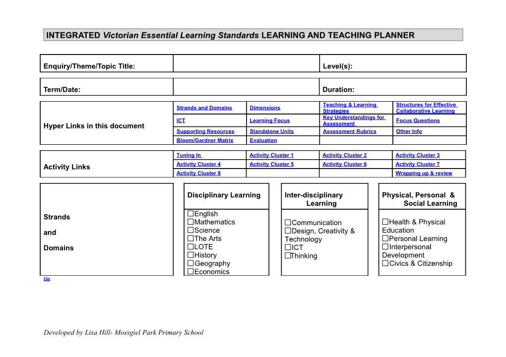 INTEGRATED Victorian Essential Learning Standards LEARNING and TEACHING PLANNER