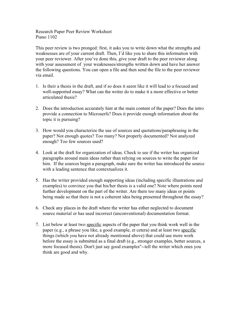 Research Paper Peer Review Worksheet