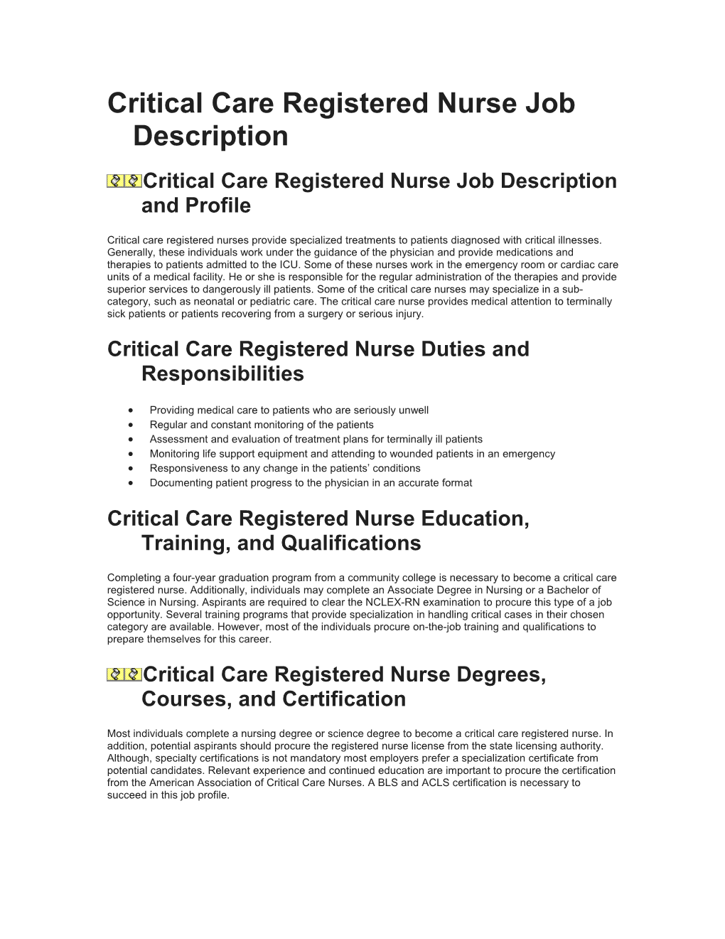 Critical Care Registered Nurse Job Description