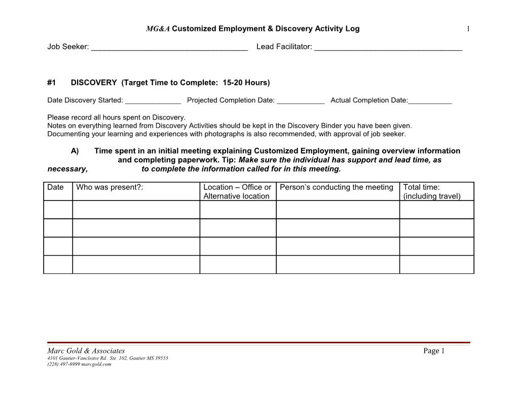 MG&A Customized Employment & Discovery Activity Log