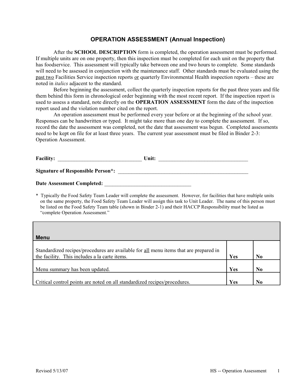 OPERATION ASSESSMENT (Annual Inspection)