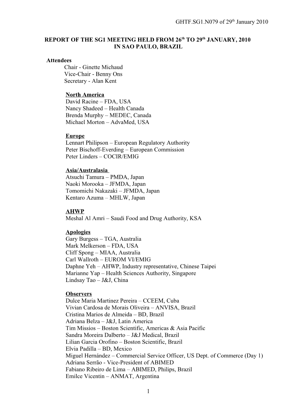 GHTF SG1 Meeting Minutes - January 2010