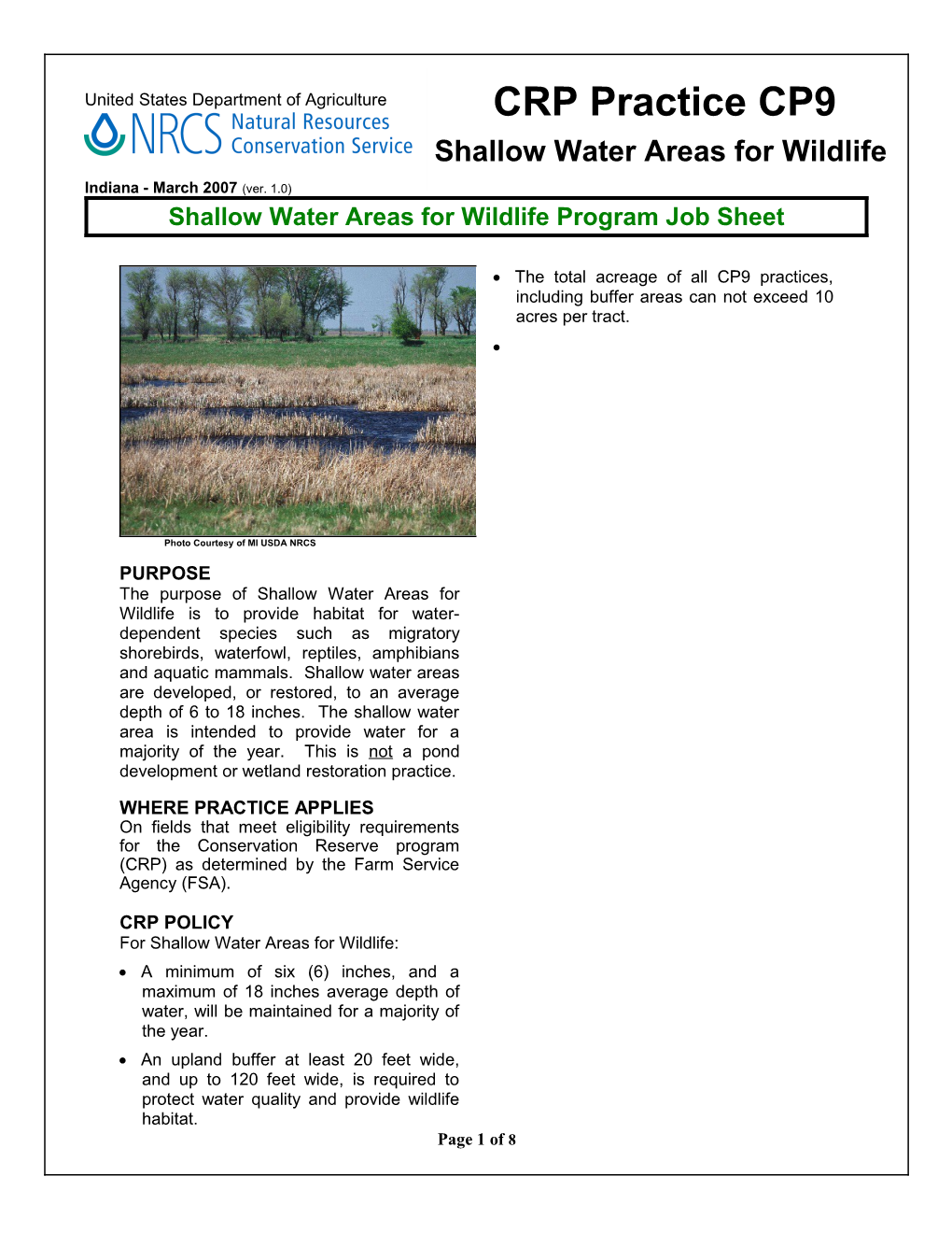 Shallow Water Areas for Wildlife Program Job Sheet