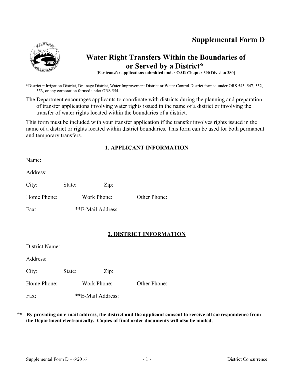 Water Right Transfer Supplemental Form D