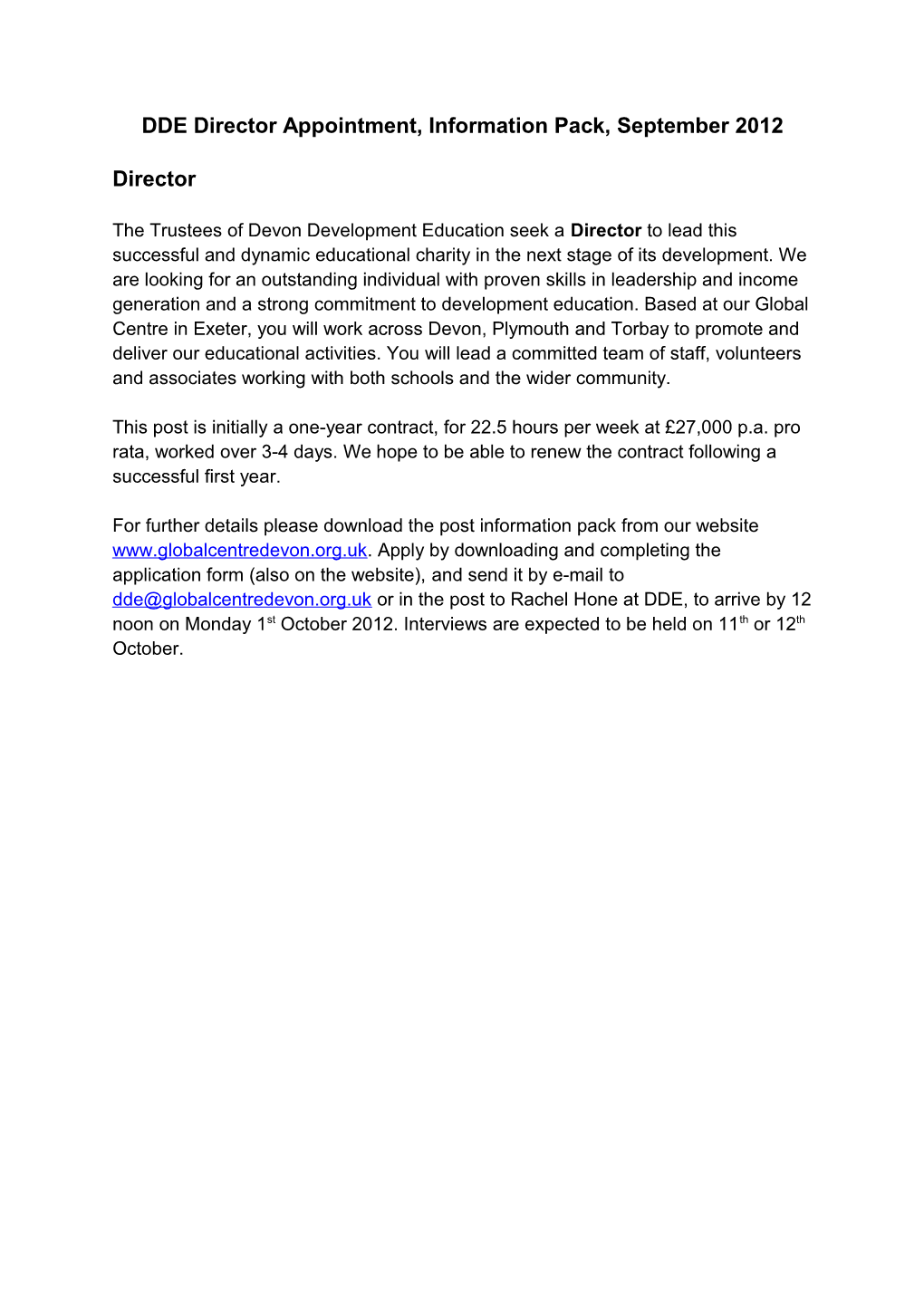 DDE Director Appointment, Information Pack, September 2012