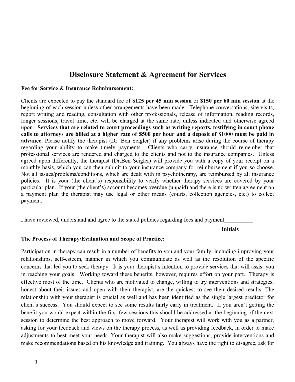 Disclosure Statement & Agreement for Services