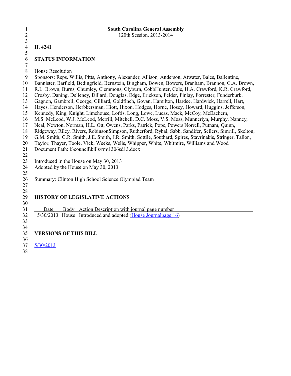 2013-2014 Bill 4241: Clinton High School Science Olympiad Team - South Carolina Legislature