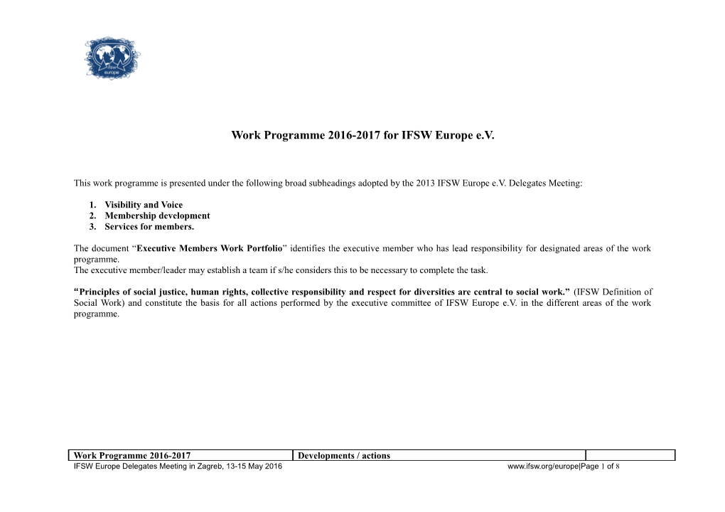 Work Programme 2016-2017 for IFSW Europe E.V