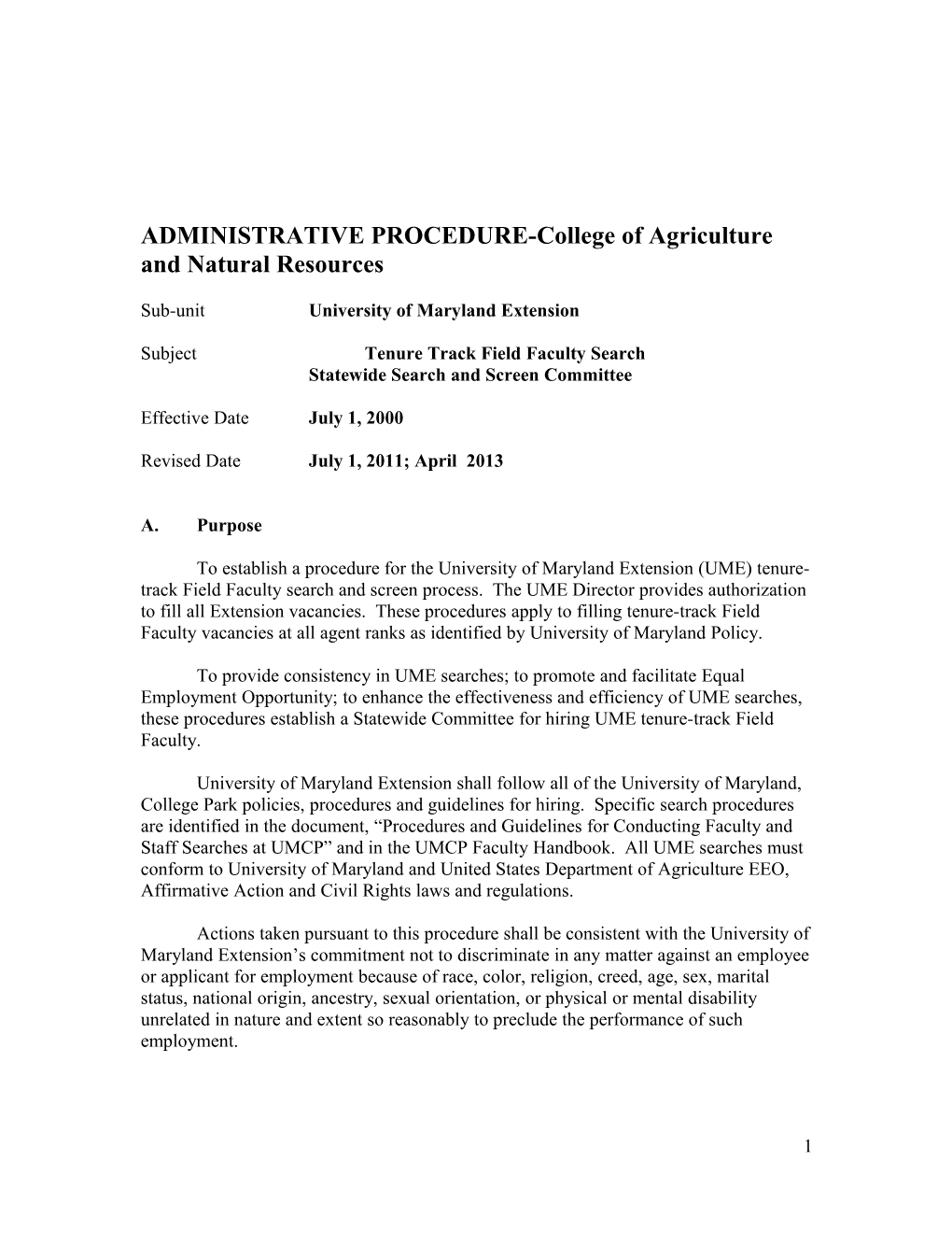 ADMINISTRATIVE PROCEDURE-College of Agriculture and Natural Resources