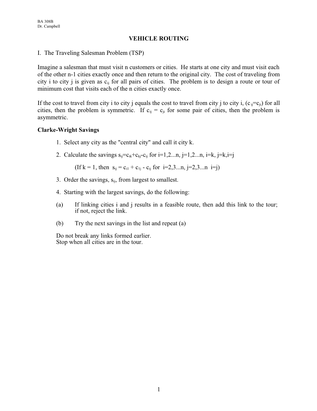 I. the Traveling Salesman Problem (TSP)