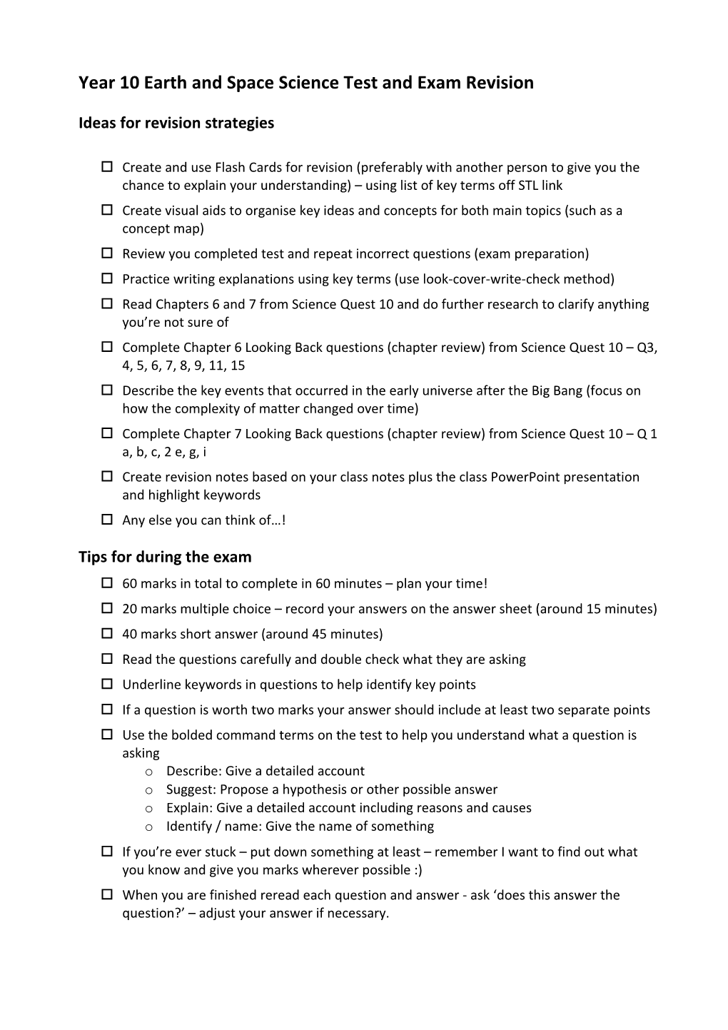 Year 10 Earth and Space Science Test and Exam Revision