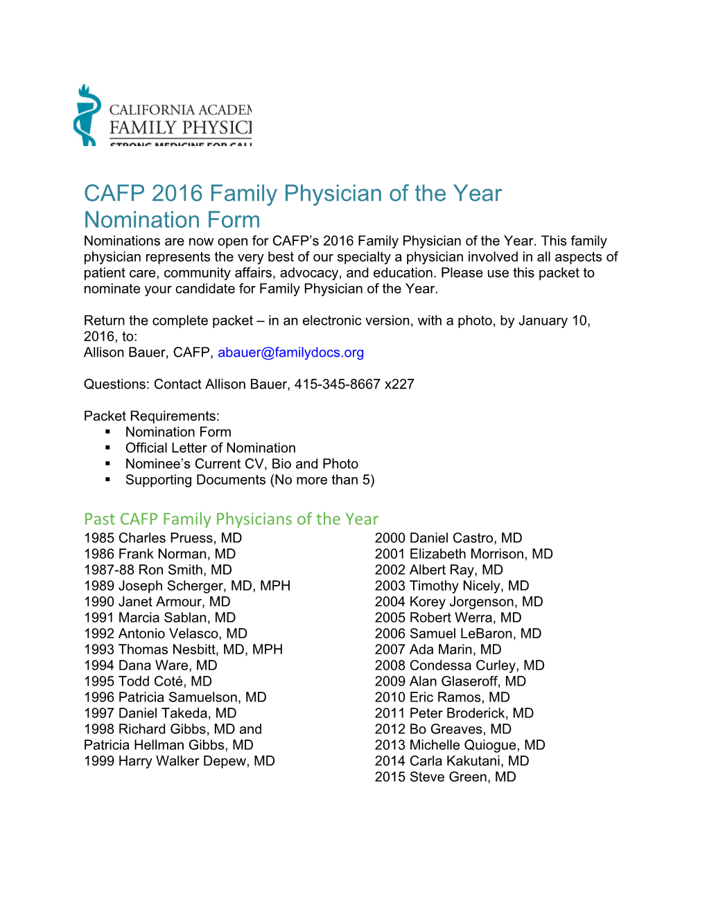 CAFP 2016 Family Physician of the Year Nomination Form