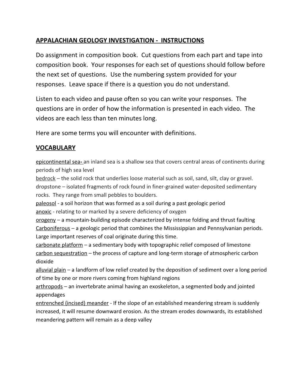 Appalachian Geology Investigation - Instructions