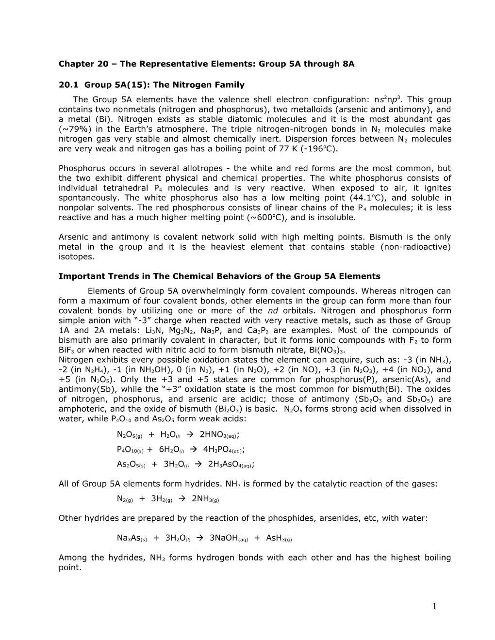 Chapter 20 the Representative Elements: Group 5A Through 8A