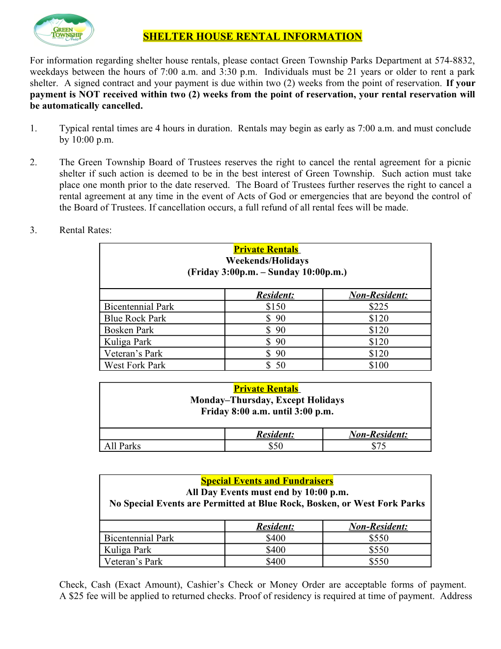 Shelter House Rental Information