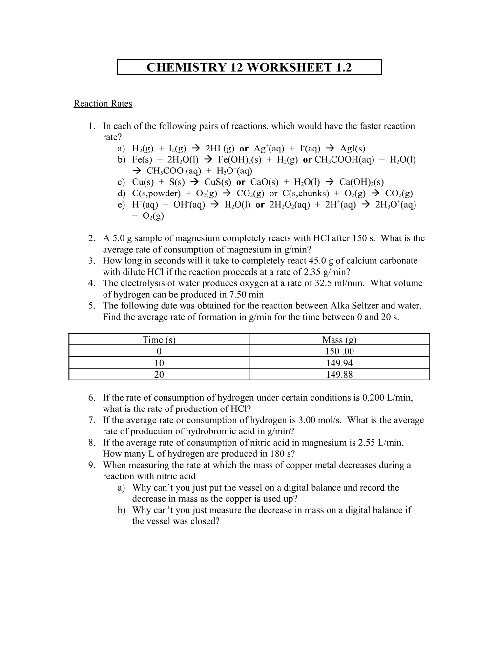 Chemistry 12 Worksheet 1.2