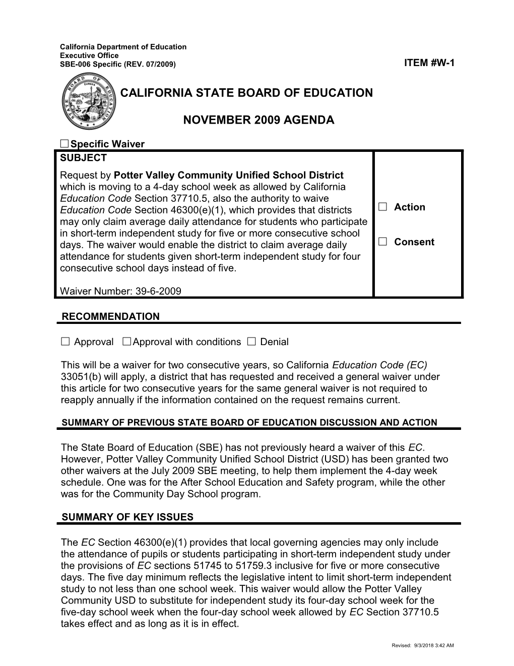 November 2009 Waiver Item W1 - Meeting Agendas (CA State Board of Education)