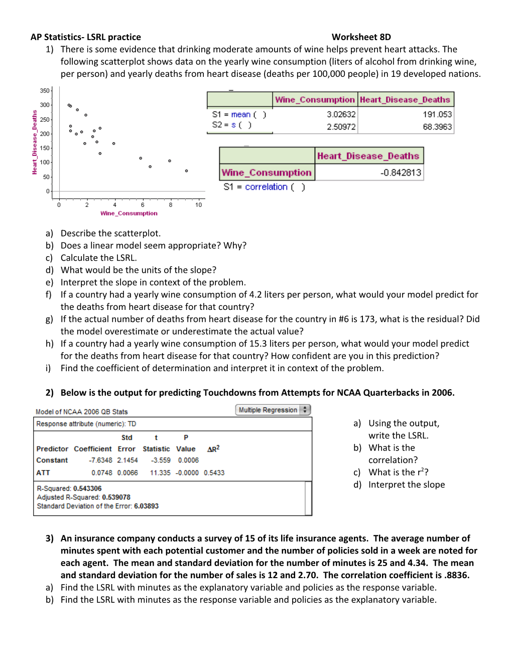 AP Statistics- LSRL Practiceworksheet 8D