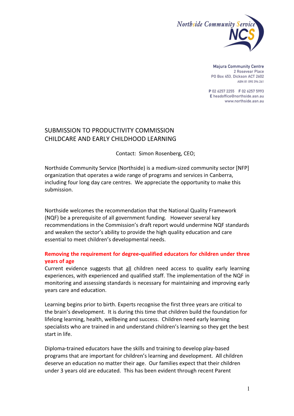 Submission DR881 - Northside Community Services - Childcare and Early Childhood Learning