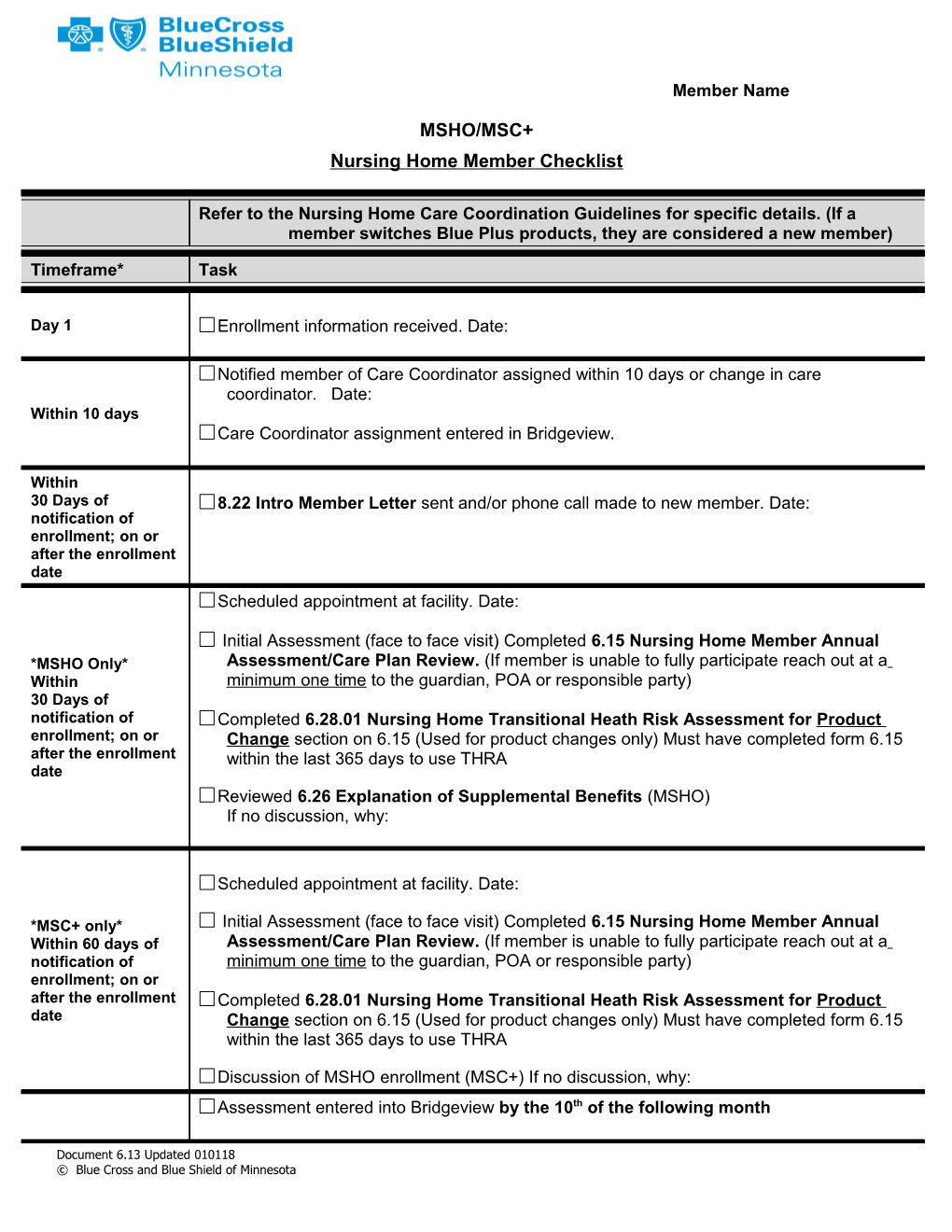Nursing Home Member Checklist
