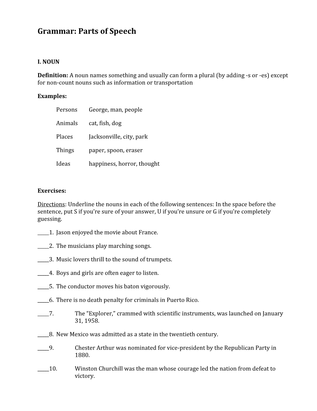 Answers for Parts of Speech Exercises